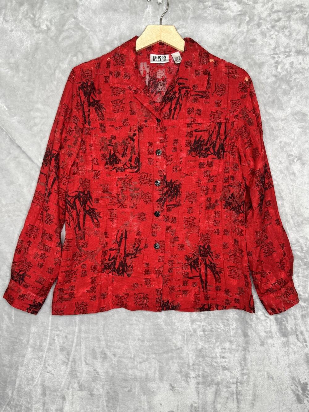 Chico's Design Shirt Womens M Red Asian Burnout Sheer Button Front Long Sleeve